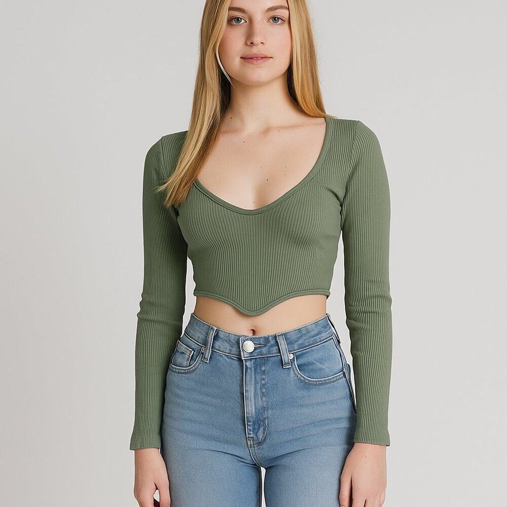 2/$30 ZARA Long Sleeve Ribbed Knit Crop Top Sage Small #A1381